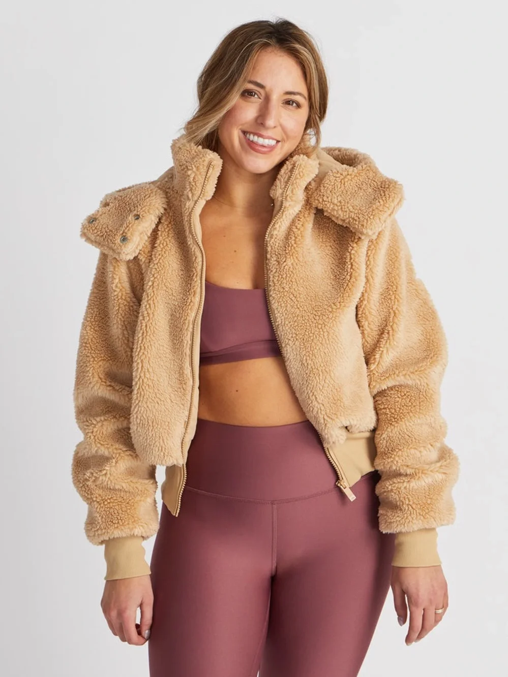 Alo Yoga Camel Tan Foxy Sherpa Hooded Full Zip Jacket Size Small